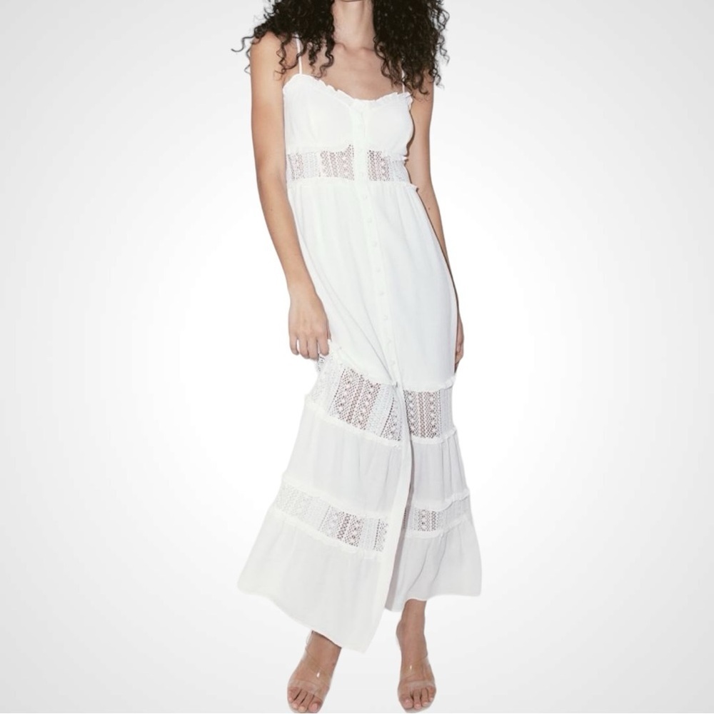 H&M Lace-inset Crêpe White Maxi Dress Boho Summer Size Small - Picture 4 of 7